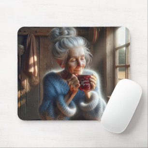 Tapis De Souris Vielle Dame Douce Avec Café Du Matin