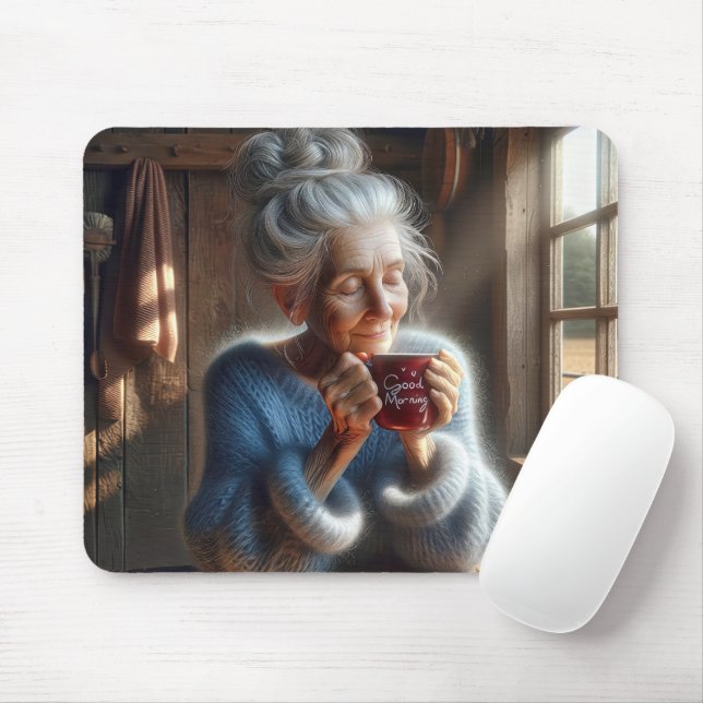 Tapis De Souris Vielle Dame Douce Avec Café Du Matin (Avec souris)