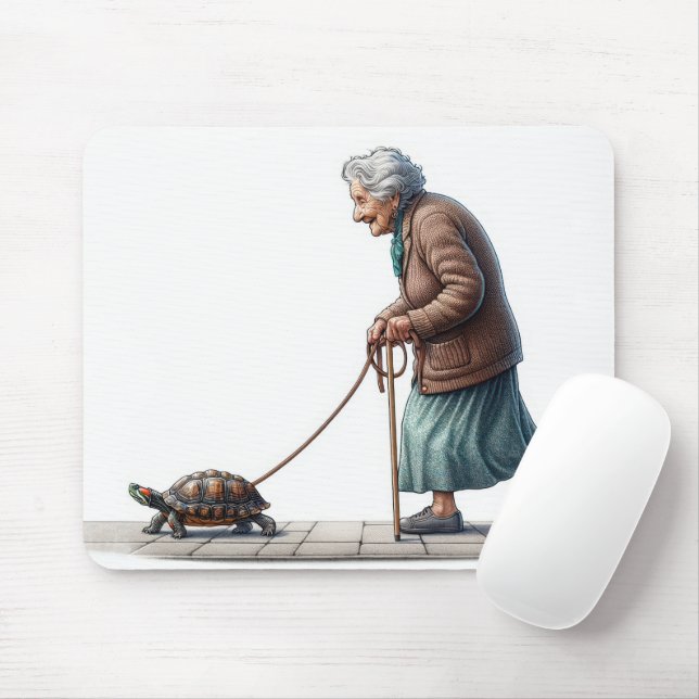 Tapis De Souris Vielle Dame Marchant Sa Tortue (Avec souris)