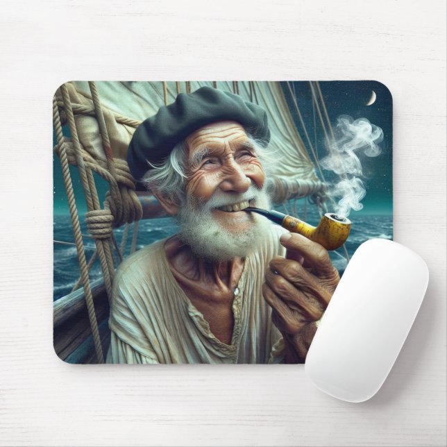 Tapis De Souris Vieux marin sur un voilier Fumer un tuyau (Avec souris)