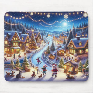 Tapis De Souris Village de Noël Peinture sur scène neigeuse