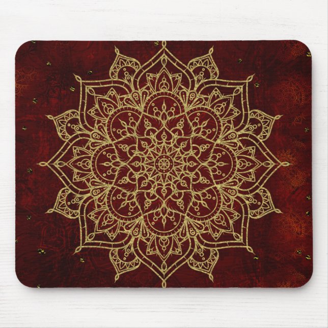 Tapis De Souris Vin profond Rouge Mandala & Gold Glam Moderne Chic (Devant)
