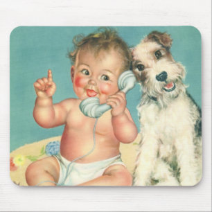 Tapis De Souris Vintage Chiot Mignon Bébé Parlant au Téléphone