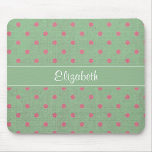 Tapis De Souris Vintage Green with Pink Polka Dots Pattern