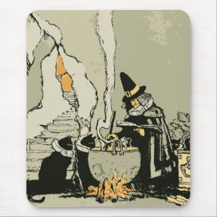 Tapis De Souris Vintage Halloween, Witch with Cauldron and Cats