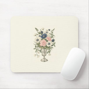Tapis De Souris Vintage ivoire rose bleu mauve fleurs vertes