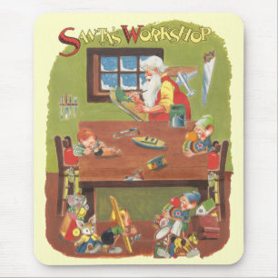 Tapis De Souris Vintage Noël Père Noël avec elfes dans l'atelier