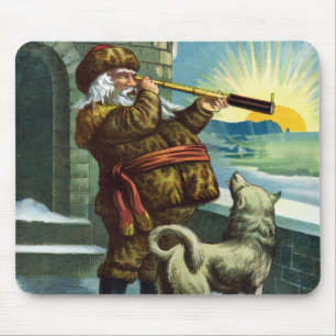 Tapis De Souris Vintage Noël Santa Claus Telescope Chien Sunset