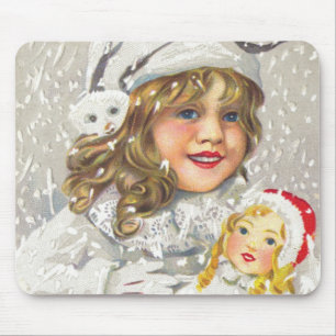 Tapis De Souris Vintage Noël Victorienne fille avec poupée en neig