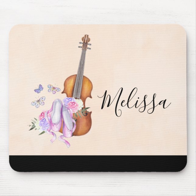 Tapis De Souris Violon, Chaussures de Ballet, Fleurs et Papillons (Devant)