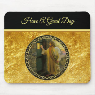 Tapis De Souris Visitation à Dawn Jesus frappe sur une porte rusti