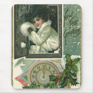Tapis De Souris Vœux de Nouvel An vintage, Fenêtre de jeune fille 