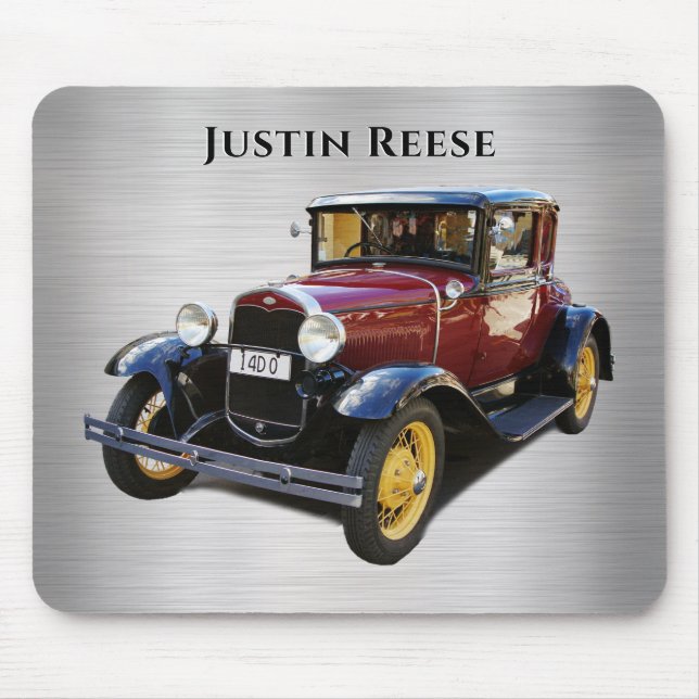 Tapis De Souris Voiture antique, Nom, Argent brossé (Devant)