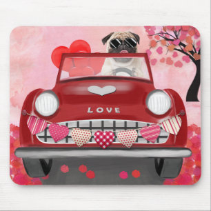 Tapis De Souris Voiture de chien Pug avec coeurs Saint-Valentin  