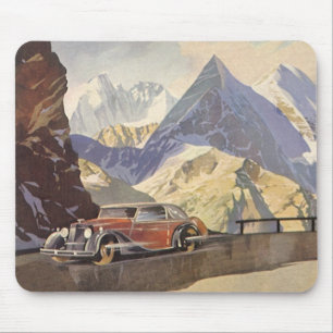 Tapis De Souris Voiture vintage sur une route de montagne en hiver
