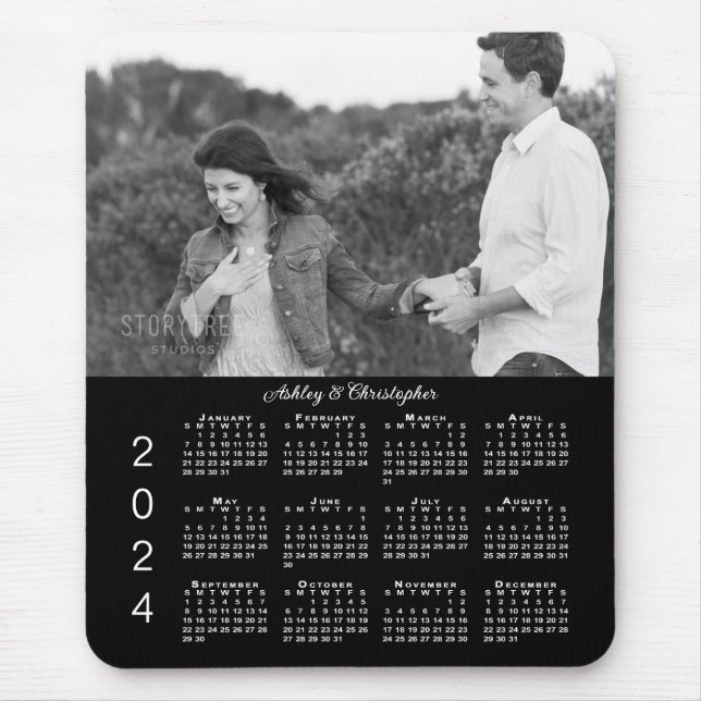 Tapis De Souris Vos noms de photo Personnalisé Noir 2024 Calendrie (Devant)