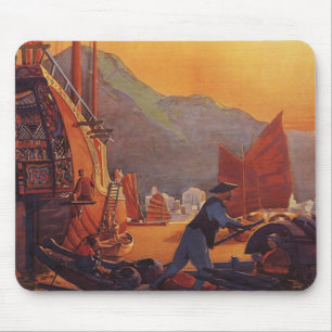Tapis De Souris Voyage Rétro, Avion au-dessus de jonques à Hong Ko