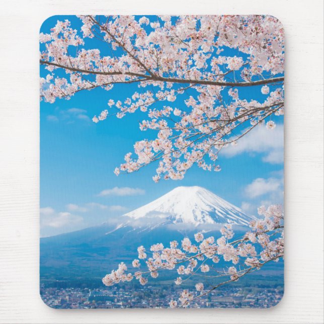 Tapis De Souris Vue du mont Fuji avec des fleurs de cerisier (Devant)