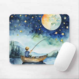 Tapis De Souris Watercolor Boy Fishing Under Moon