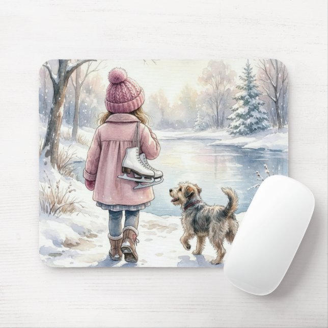 Tapis De Souris Watercolor Little Girl With Ice Skates and Dog (Avec souris)