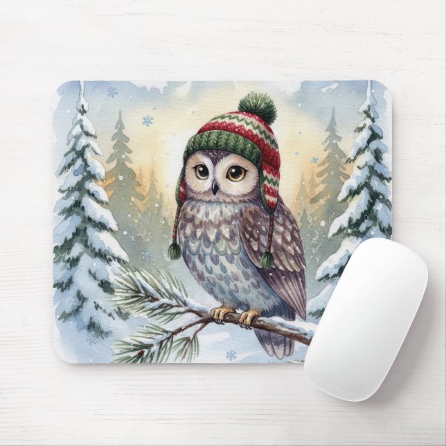 Tapis De Souris Watercolor Owl In Winter Hat (Avec souris)