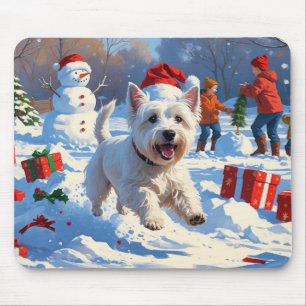 Tapis De Souris Westie courant dans la neige avec un chapeau de No