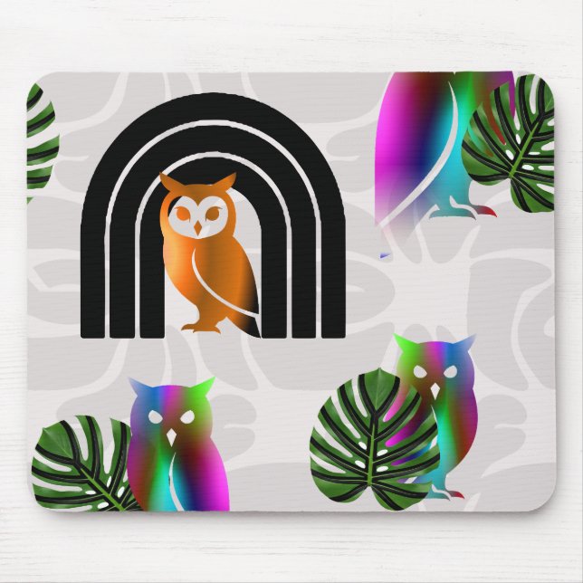 Tapis De Souris Whimsical Boho Owl & Tropical Monstera Leaf (Devant)