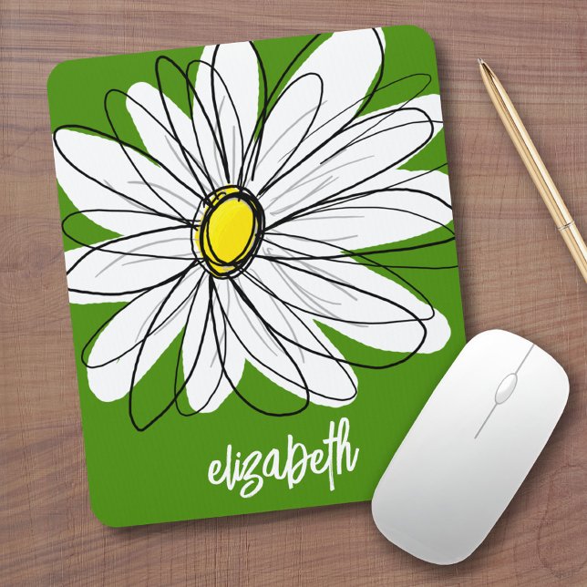 Tapis De Souris Whimsical Daisy - avocado vert nom de script tenda (Custom Mouse Pad - Add Name to this whimsical daisy design)
