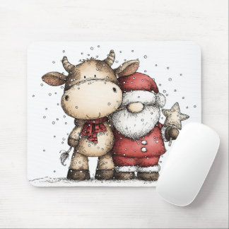 Tapis De Souris Whimsical Santa & Moo-Moo Holiday Christmas Cheer