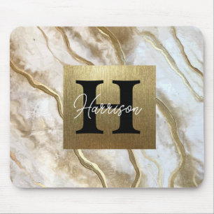 Tapis De Souris White and Gold Marble Monogram Name Personalized  