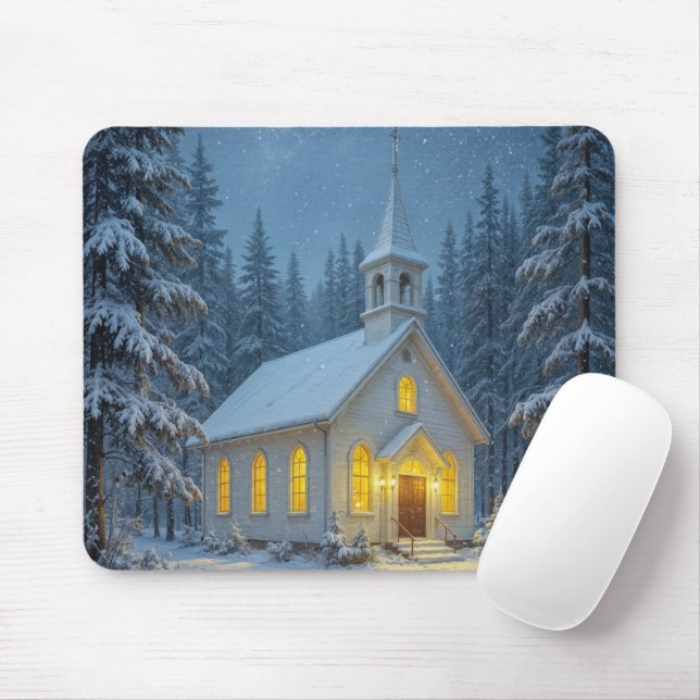 Tapis De Souris White Christmas Chapel In Winter Pines (Avec souris)