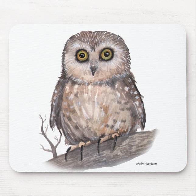 Tapis De Souris Wide Eyed Owl Wildlife Watercolor Art (Devant)