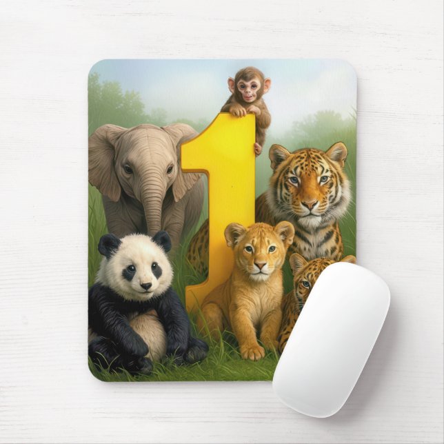 Tapis De Souris Wildlife Animal Babies With a Number One (Avec souris)
