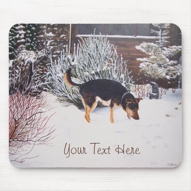 Tapis De Souris Winter snow scene with cute black and tan dog (Devant)