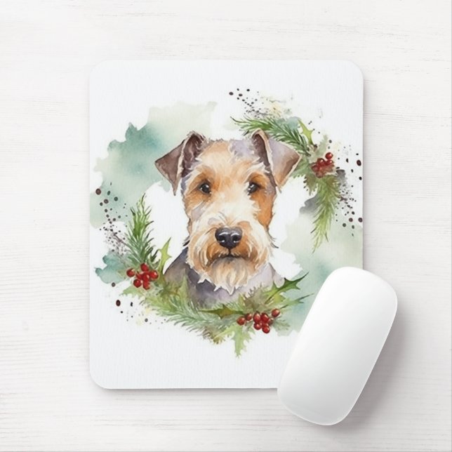 Tapis De Souris Wirefox Terrier Festive de Noël Wreath Pup (Avec souris)