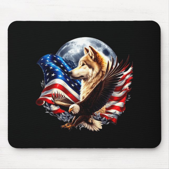 Tapis De Souris Wolf Bald Eagle American Flag Full Moon New Years  (Devant)