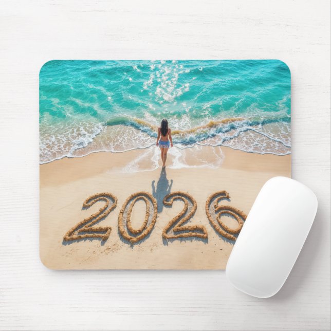 Tapis De Souris Woman Walking On a New Year 2026 Beach (Avec souris)