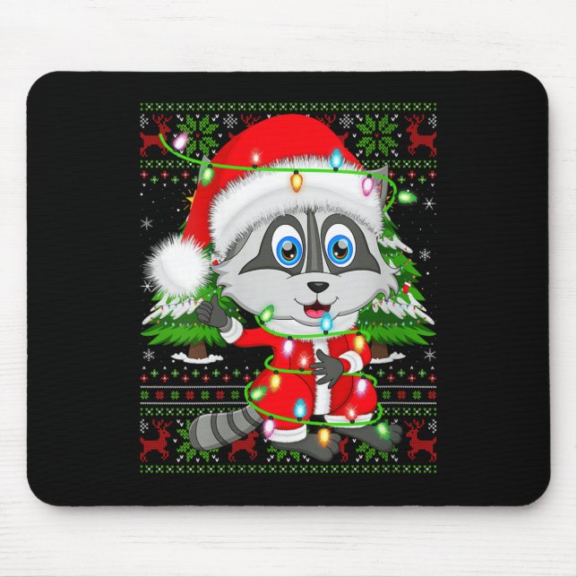 Tapis De Souris Womens Raccoon Christmas Lights Santa Costume Ugly (Devant)