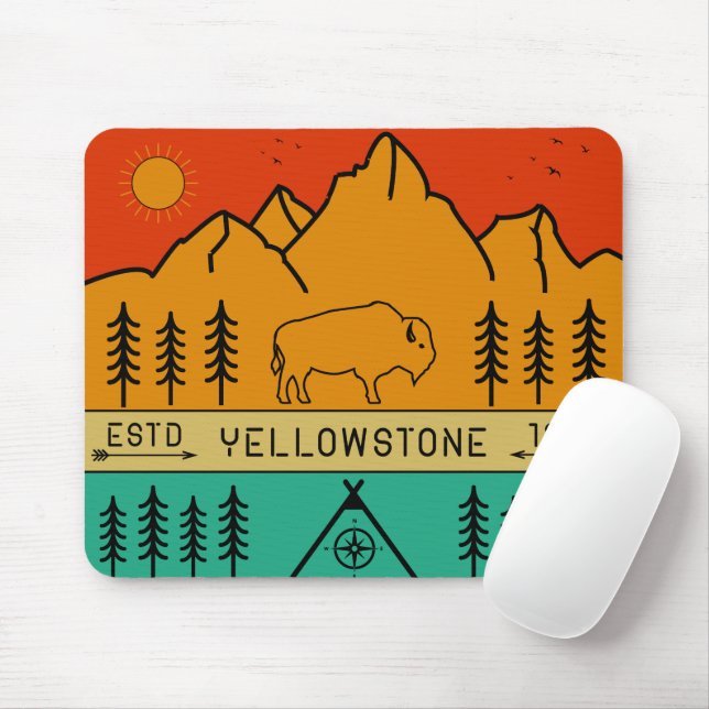 Tapis De Souris Yellowstone National Park Retro Wyoming USA Bison (Avec souris)
