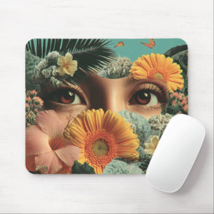 Tapis De Souris Yeux surréalistes et fleurs avec papillons