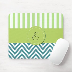 Tapis De Souris Zigzag Bleu, Chevron, Grilles Vertes, Monogramme