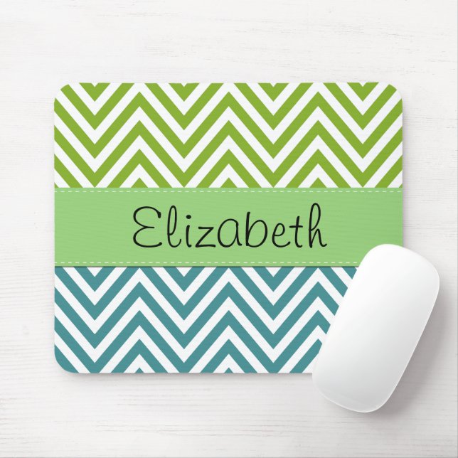 Tapis De Souris Zigzag bleu, Zigzag vert, Chevron, Votre Nom (Avec souris)