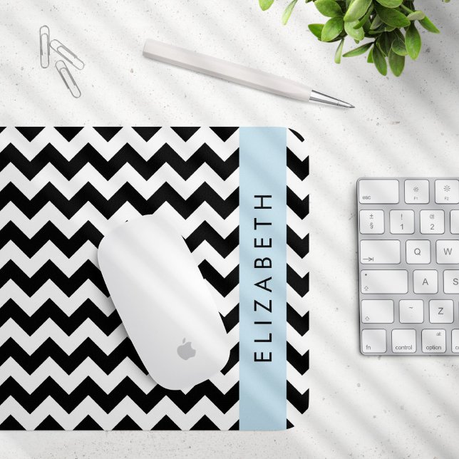Tapis De Souris Zigzag noir et blanc, Motif Chevron, Votre nom (Créateur téléchargé)