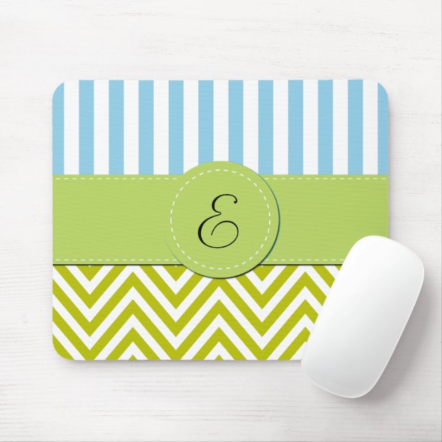 Tapis De Souris Zigzag vert, Chevron, Bleu, Stripes, Monogramme (Avec souris)