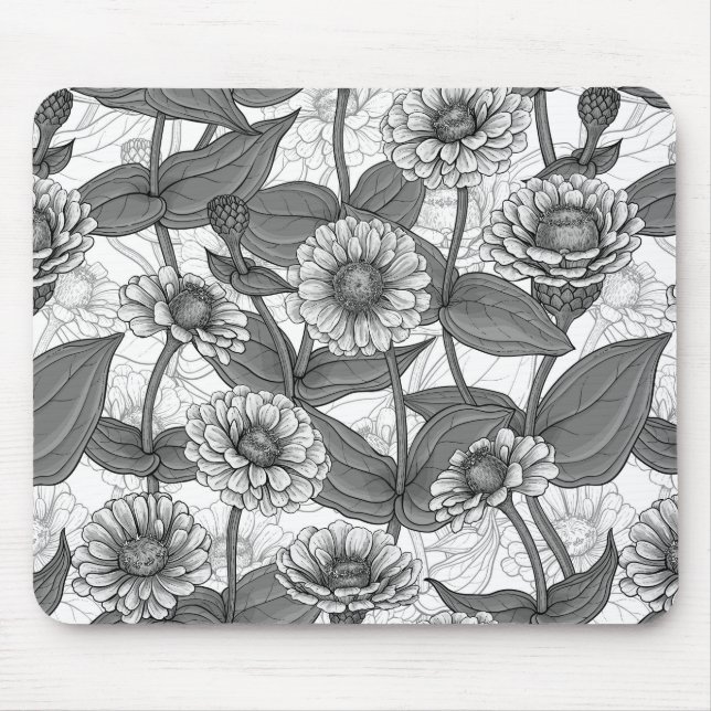 Tapis De Souris Zinnias, monochrome sur blanc (Devant)