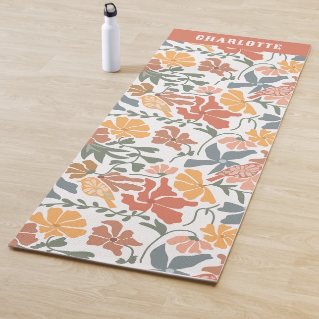 Tapis De Yoga Abstrait Floral & Oiseaux Mid Century Nom moderne (En situation)