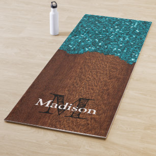 Tapis De Yoga Aqua bleu étincelle bois brun rustique Monogramme