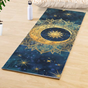 Tapis De Yoga Aquarelle bleu et or Mandala Sun Nebula Galaxy