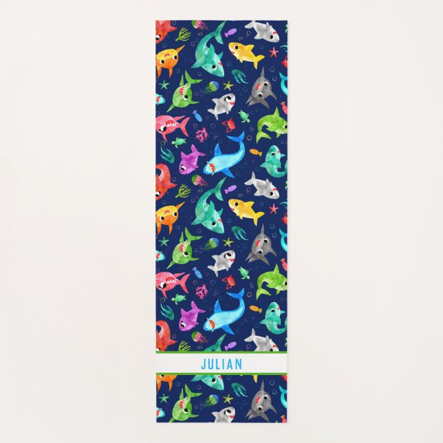 Tapis De Yoga Aquarelle Famille de requins adorable Personnalisé (Devant)