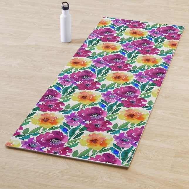Tapis De Yoga Aquarelle Fleurs Maroon et Jaune (En situation)